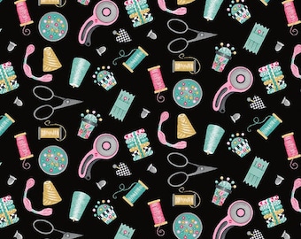 Sew, Sleep, Repeat Tossed Sewing Tools on Black 1048-97 by Delphine Cubitt for Henry Glass Fabrics