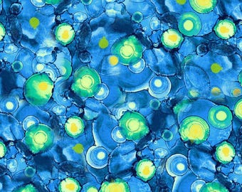 May include: A vibrant fabric pattern featuring an abstract design of overlapping circular shapes in shades of deep blue, bright turquoise, and lime green, with small, solid yellow circles scattered throughout the composition.