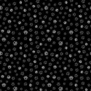 May include: Black background with a repeating pattern of gray and white paw prints. The paw prints vary in size and are scattered across the surface, creating a playful and whimsical design. The paw prints are both solid and outlined.