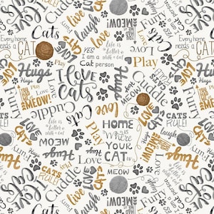 May include: A white background is covered with the words "Cats", "Love", "Hugs", and "Meow" in various fonts and colors. The words are interspersed with paw prints and yarn balls. The phrase "I love cats" is prominently displayed.
