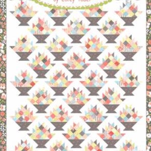 May include: A quilt pattern called "Happy Scrappy Baskets" from Coriander Quilts by Corey Yoder. The pattern features a white background with 25 colorful patchwork baskets.