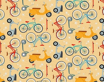 Surf's Up! Scooters and Bicycles on a Soft Gold Background 1165-44 from Henry Glass Fabrics