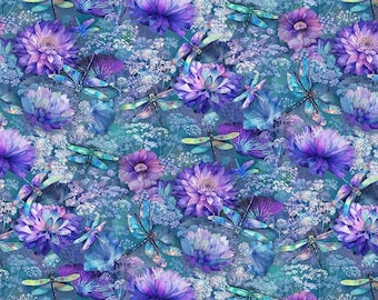 Dragonfly Mist Flying Dragonflies and Flowers CD3894-Multi From Timeless Treasures Fabrics