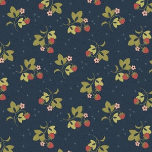 May include: A repeating pattern of strawberries, leaves, and flowers on a dark blue background. The strawberries are red, the leaves are olive green, and the flowers are pink. Small white crosses are scattered across the background.