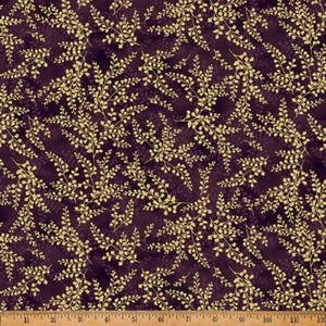 Blue Jay Song Gold Metallic Ferns on Plum Background W5357-46G From Hoffman Fabrics
