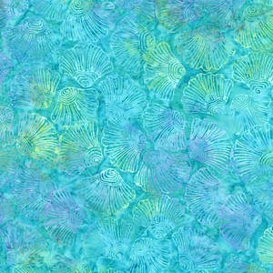 May include: Seamless pattern of white seashells on a turquoise blue background. The shells are stylized and have a faded, watercolor effect.