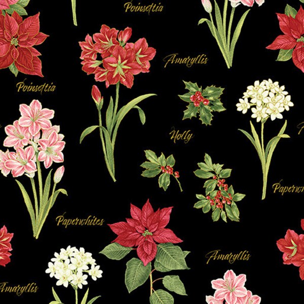 A Botanical Season Holiday Botanical Print on Black 13462M-12 by Jackie Robinson for Benartex Fabrics