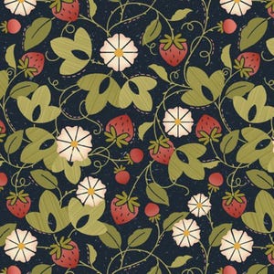 May include: A repeating pattern featuring strawberries, white flowers, and green leaves on a dark blue background. The design includes detailed illustrations of the fruit, blossoms, and foliage, creating a botanical theme.