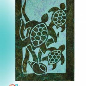 May include: A quilt pattern featuring a design of three sea turtles swimming in a turquoise blue ocean. The pattern is called "Turtle Beach" and is by the Pacific Rim Quilt Company. The quilt pattern is for sale.