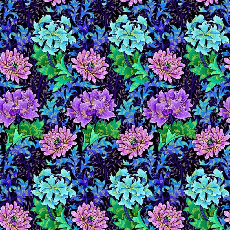 Floral luminoso con mariposas sobre fondo negro CM2983-Negro de Chong A Hwang para Timeless Treasures imagen 4