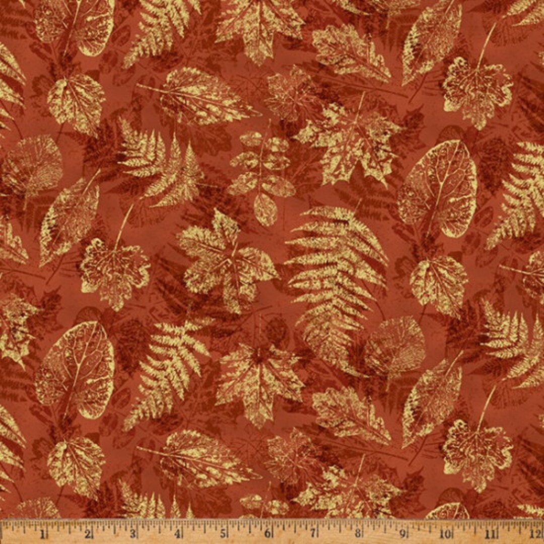 Blue Jay Song Gold Metallic Leaves on Rust Textures Background W5356 ...