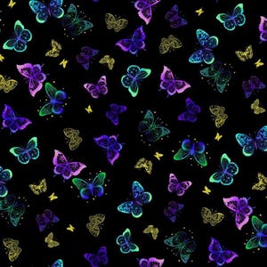 Floral luminoso con mariposas sobre fondo negro CM2983-Negro de Chong A Hwang para Timeless Treasures imagen 8