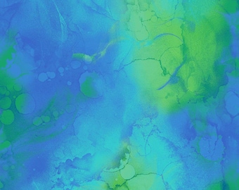 May include: A digital fabric pattern featuring an abstract blend of vibrant blue, turquoise, and lime green hues. The design displays fluid, watercolor-like ink washes with organic circular bubbles and fine, branching vein-like textures.
