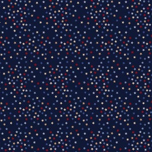 May include: A navy blue background is covered with a pattern of small stars in red, white, and blue. The stars are scattered across the surface, creating a festive and patriotic design.