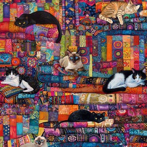 May include: A vibrant, multi-colored patchwork quilt featuring various cats in different poses. The quilt displays a complex pattern of geometric shapes, floral motifs, and intricate designs in shades of red, blue, orange, purple, and yellow.