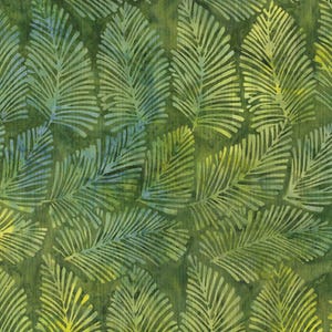 May include: A green fabric with a repeating pattern of light green and blue stylized leaves.