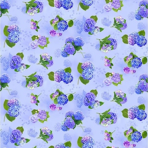 Hydrangea Bliss Small Tossed Hydrangea Clusters  on Blue 1966-Blue by Chong-A Hwang for Timeless Treasures