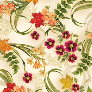 May include: A floral pattern with pink, orange, and yellow flowers, green leaves, and gold accents on a cream background.