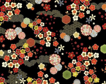 Lotus Garden Geo Asian Floral CM3665-Blk by Chong A-Hwang for Timeless Treasures Fabrics