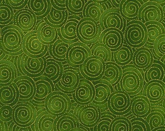 Jeweled Leaves Gold Spirals on Moss Green 21613-45 from Robert Kaufman Fabrics