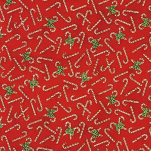 Holiday Charms Candy Canes on Red With Gold Metallic M!9949-3 from Robert Kaufman Fabrics