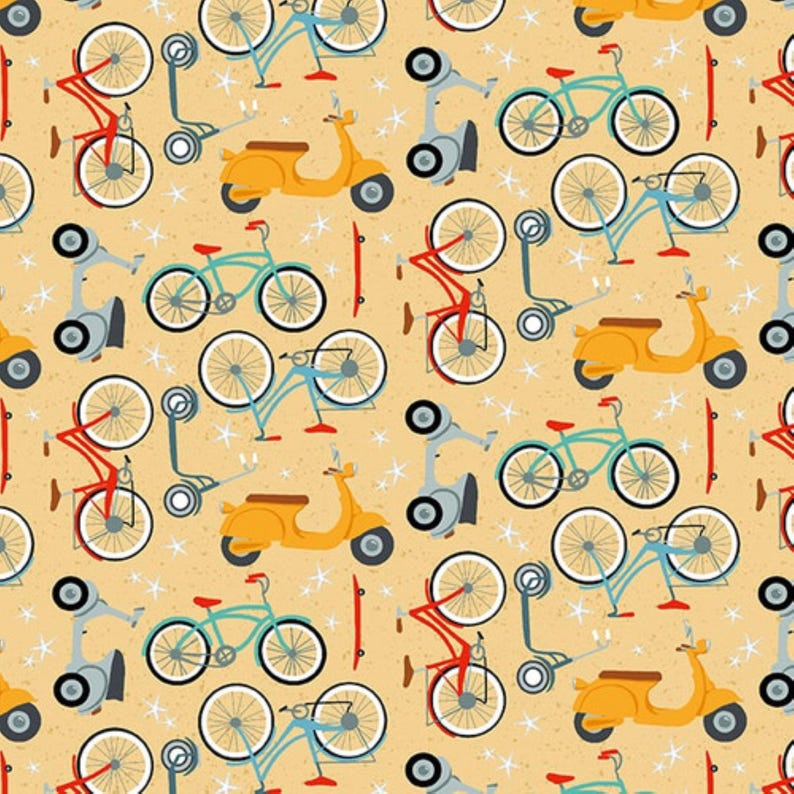 May include: A seamless pattern featuring a variety of colorful bicycles, scooters, and skateboards on a light yellow background. The pattern is perfect for fabric, wallpaper, or wrapping paper.