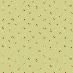 May include: A seamless pattern featuring small red rosebuds with green leaves and white polka dots on a light green background. The floral design is evenly spaced, creating a delicate and charming aesthetic, suitable for fabric or wallpaper.