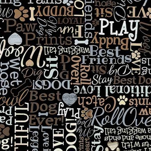 Happiness Has Paws Dog Words 8854-Black from Timeless Treasures Fabrics