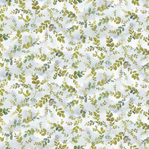 May include: A seamless pattern featuring delicate green watercolor leaves on a light blue background. The leaves are arranged in a random, flowing pattern, creating a sense of movement and organic beauty.