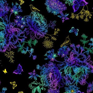 Puede incluir: Un fondo negro con un patr&oacute;n repetitivo de flores azules, moradas y verdes, mariposas y p&aacute;jaros. Las flores son estilizadas y tienen un aspecto delicado, casi como de acuarela.