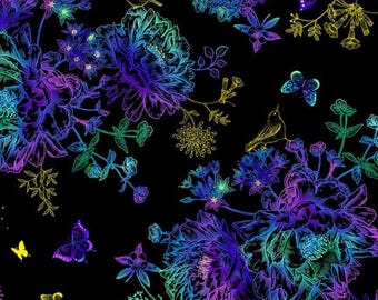 Luminous Floral With Butterflies on Black Background CM2983-Black by Chong A Hwang for Timeless Treasures