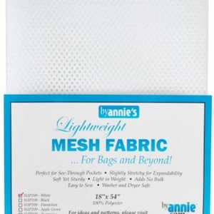 May include: White lightweight mesh fabric, 18 inches by 54 inches, for bags and beyond. The fabric is soft, stretchy, and easy to sew. It is also washer and dryer safe.