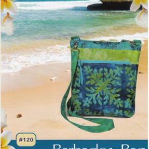 May include: A turquoise and green fabric bag with a floral pattern. The bag has a long strap and a zipper closure. The bag is called "Barbados Bag" and is designed by Pink Sand Beach Designs. The bag is fat quarter friendly and includes optional purse hardware.