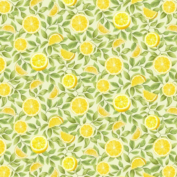 Lemon Bouquet Tossed Lemon Slices on Pale Green Background 2453-Leaf from Timeless Treasures Fabrics