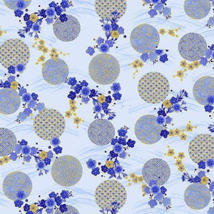 May include: A repeating pattern featuring blue and gold floral elements and circular designs on a light blue background. The design includes stylized flowers and wave-like patterns, creating a decorative and elegant aesthetic.