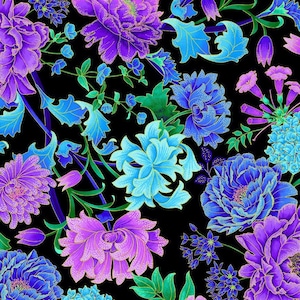 May include: A vibrant floral pattern featuring large, stylized flowers in shades of purple, blue, and turquoise against a black background. The design includes detailed leaves and stems, creating a rich, textured look. The flowers have gold accents.