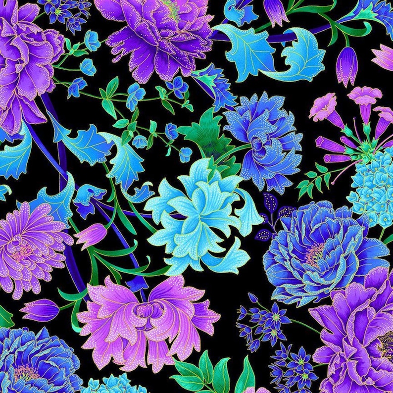 May include: A vibrant floral pattern featuring large, stylized flowers in shades of purple, blue, and turquoise against a black background. The design includes detailed leaves and stems, creating a rich, textured look. The flowers have gold accents.
