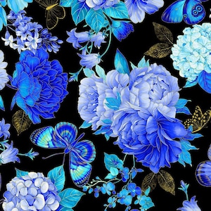 May include: A vibrant floral pattern featuring blue and turquoise flowers and butterflies against a black background. The design includes detailed illustrations of peonies, hydrangeas, and butterflies with gold accents, creating a rich, artistic aesthetic.