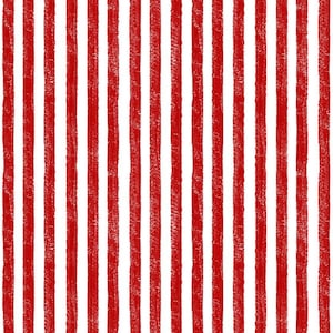 May include: A repeating pattern of vertical red stripes on a white background. The stripes have a slightly textured, hand-painted appearance, creating a rustic or vintage aesthetic. The design is simple and bold.