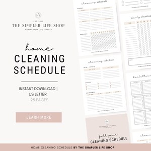 May include: A digital download of a home cleaning schedule, featuring a minimalist design with various templates for weekly, monthly, and annual planning. The text includes "Home Cleaning Schedule" and "Instant Download | US Letter | 25 Pages."