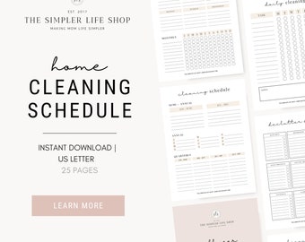 Könnte beinhalten: Ein digitaler Download eines Haushaltsreinigungsplans mit minimalistischem Design und verschiedenen Vorlagen für die Wochen-, Monats- und Jahresplanung. Der Text enthält "Home Cleaning Schedule" und "Instant Download | US Letter | 25 Pages."