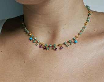 Amethyst Turquoise Apatite and Pyrite Choker, Apatite Chain Necklace, Tiny Amethyst and Turquoise Necklace, Delicate Gemstone Choker