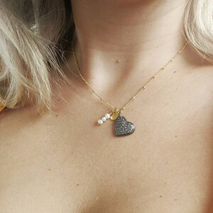 Personalized Heart Diamond and Pearl Charm Choker, Vermeil Choker,Delicate Personalized Initial Choker, Diamond Charm Choker, Tiny Pearls