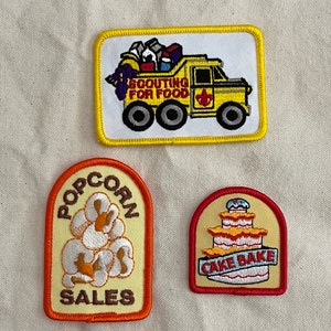 Vintage Scouting for Food Truck Load Popcorn Sales Cake Bake 1990's Patches Sew / Iron On Bulk Lot of 3