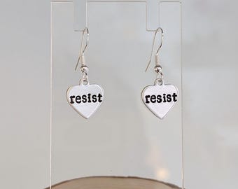Resist Earrings ~ Resist Heart Shaped Drop Earrings ~ Resist Jewelry ~ Political, Protest, Anti Trump ~ 925 Sterling Silver Hook