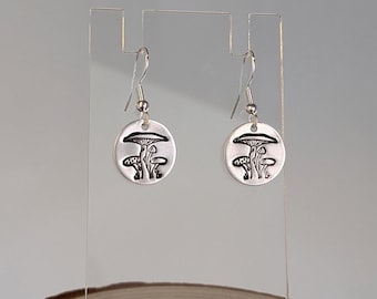Mushroom Drop Earrings ~ Hand Stamped Earrings ~ Fungi, Toadstool, Fly Agaric, Cottagecore | 925 Sterling Silver Earring Hooks, Jewellery