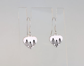 Tree Earrings | Forest Earrings | Hand Stamped Heart Earrings ~ Nature Inspired, Minimalist, Evergreen, Pine tree | 925 Sterling Silver Hook