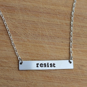 Resist ~ Hand Stamped Bar Pendant Necklace~ Aluminium,Brass,Copper~ Political,Anti Tories,Anti Trump, Anarchist~ Jewellery Jewelry Gift