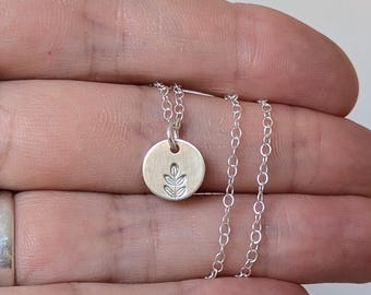 Tiny Silver Stamped Leaf Pendant | Nature Inspired Necklace | Hammered Textured Disc Pendant