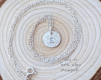 Sterling Silver Hand Stamped Initials Pendant | Tiny Double Sided Necklace | Letters Numbers Pendant | Hammered Textured Disc Pendant